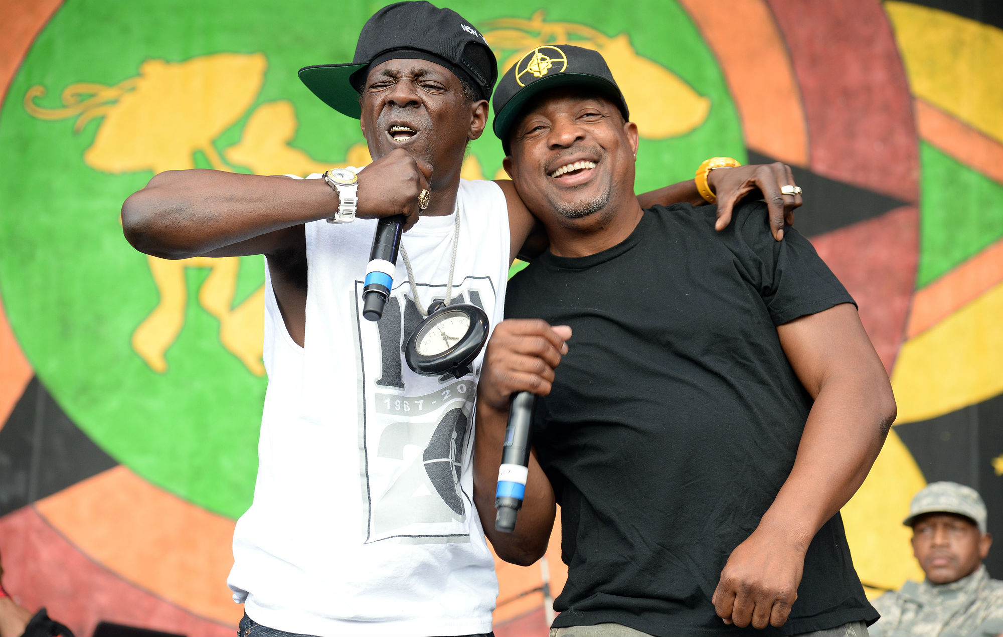 Flavor Flav and Chuck D of Public Enemy performing on stage, standing close together with microphones, smiling in front of a colorful backdrop.