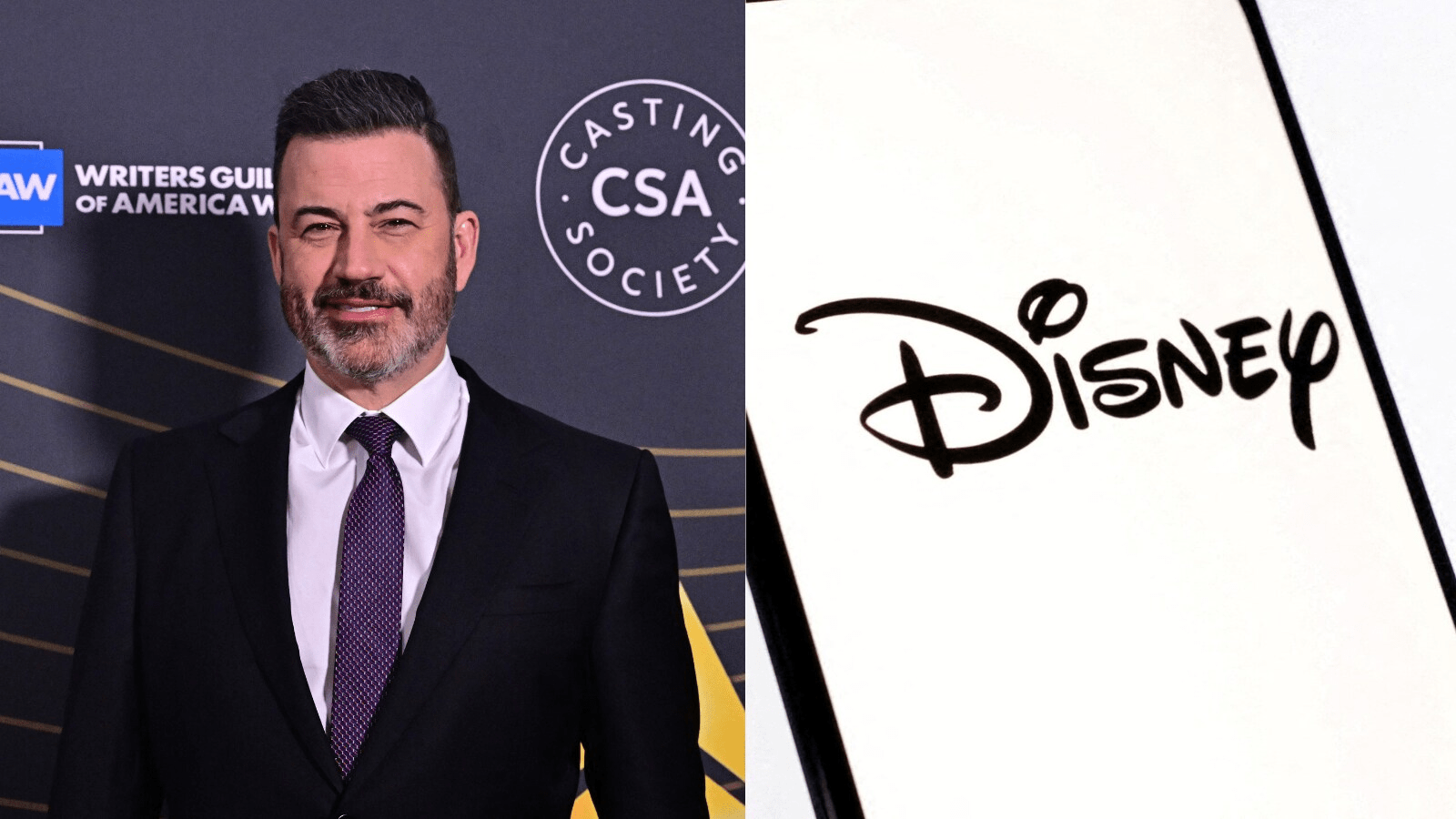 Split image showing Jimmy Kimmel on one side and the Disney logo on the other, representing the controversy over his temporary suspension and its impact on Disney.