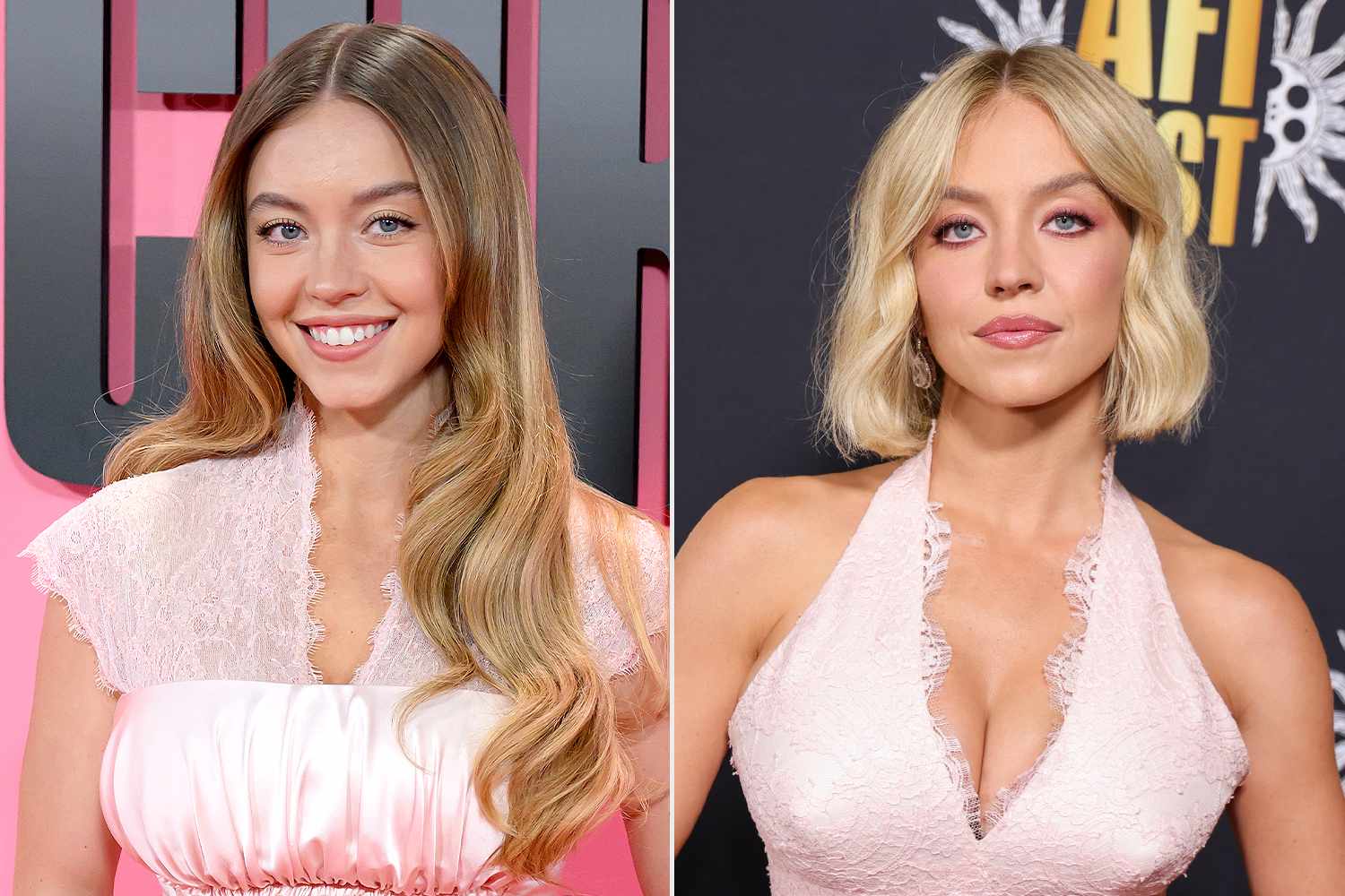 Sydney Sweeney in a split image showing her long hair before and her new bob haircut after