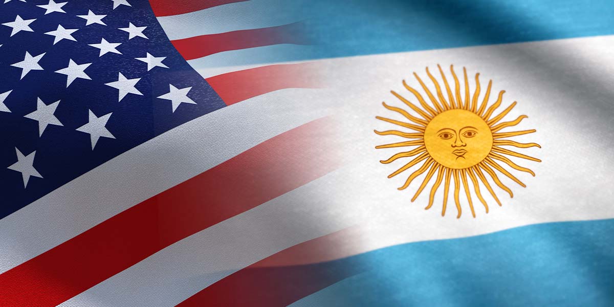A digitally blended image of the American and Argentine flags merging together.