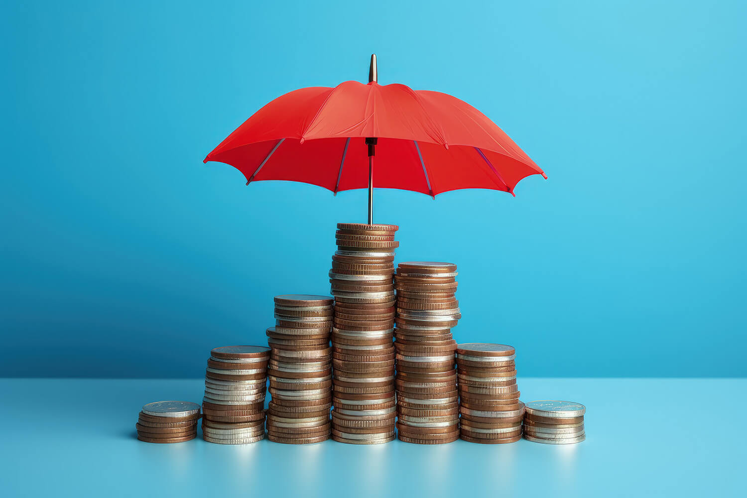 A stack of coins protected under a red umbrella, symbolizing safeguarding wealth from inflation and economic uncertainty.