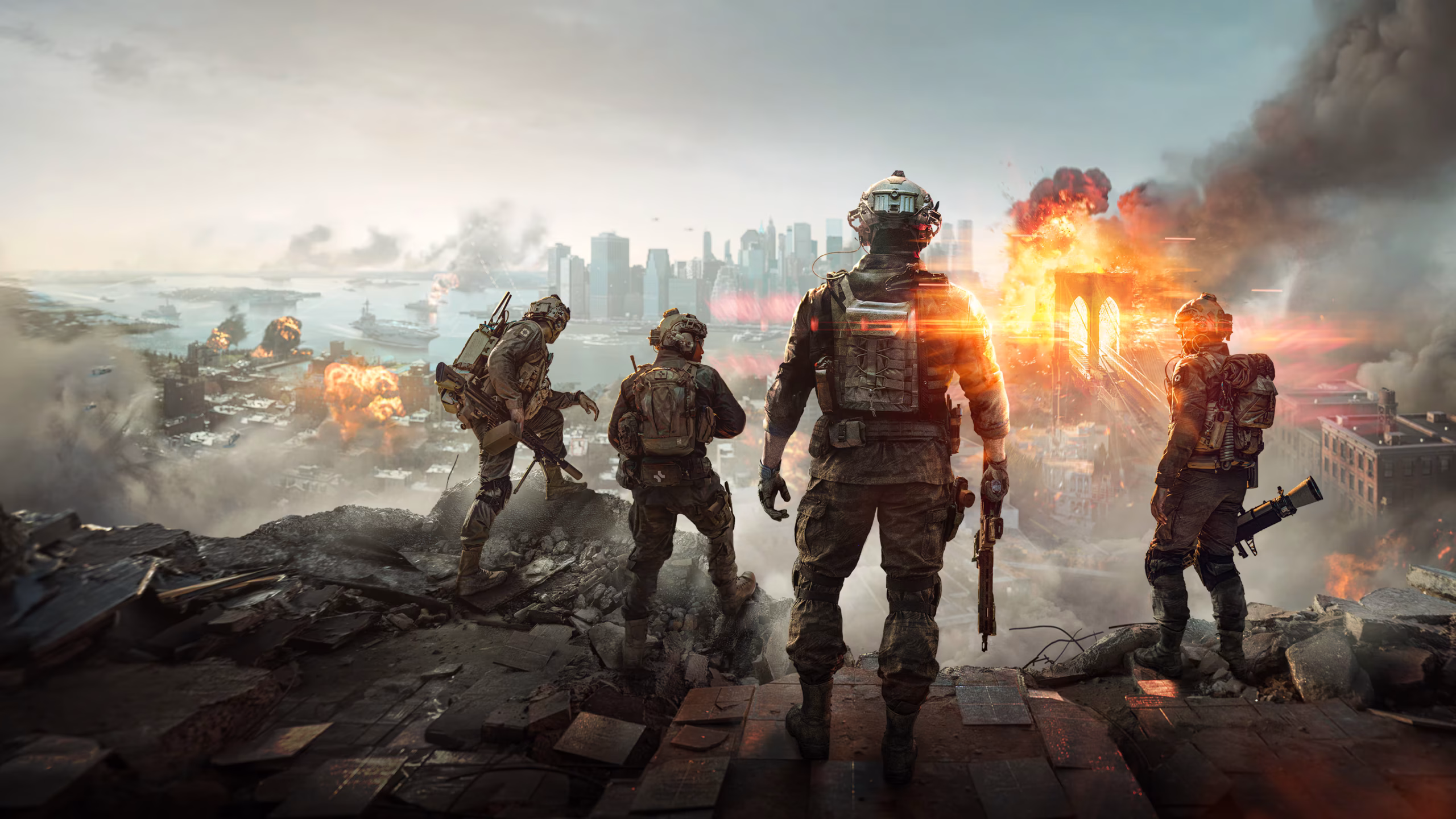 A Battlefield 6 promotional poster featuring armed soldiers in combat gear advancing through a war-torn city with explosions in the background.