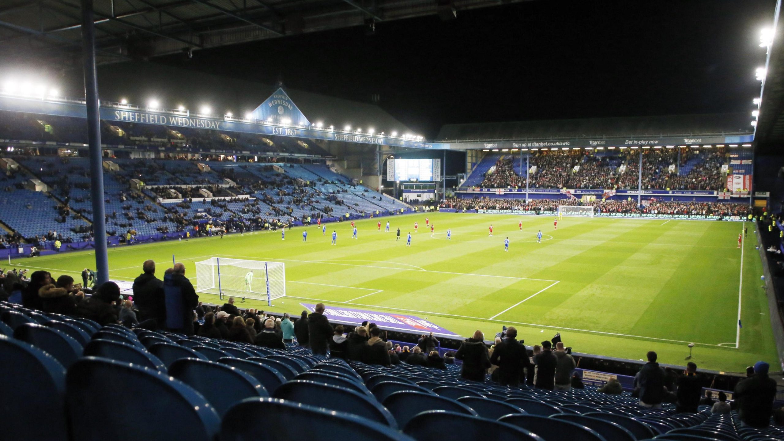 Hillsborough Stadium illuminated at night, home of Sheffield Wednesday.