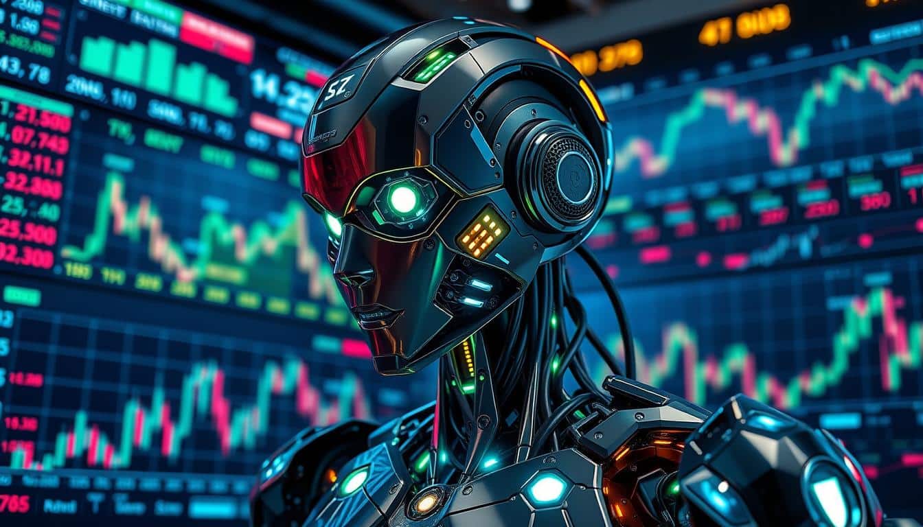 An AI robot standing in front of multiple stock market screens showing charts, graphs, and trading data.