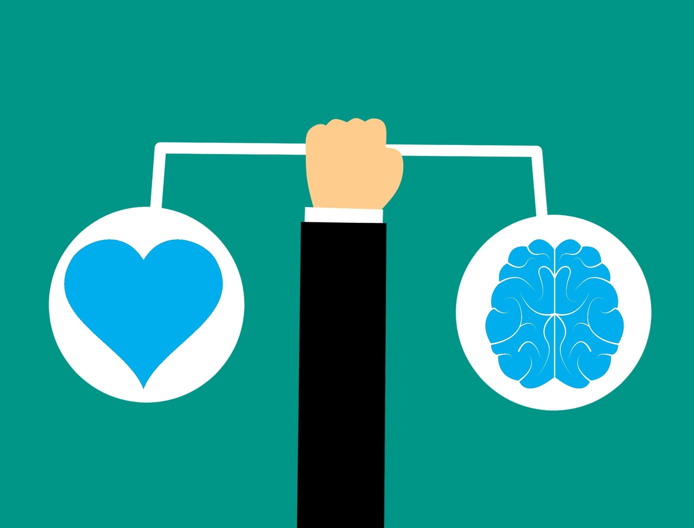Hand holding a bar separating a human head and a heart, symbolizing balancing logic and emotion in investing.