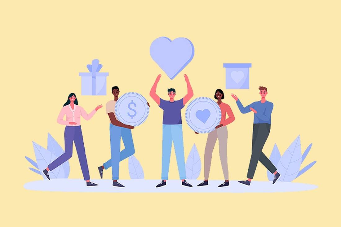 A cartoon of people holding love hearts, gifts, and dollar signs, symbolizing charitable giving, generosity, and financial philanthropy.