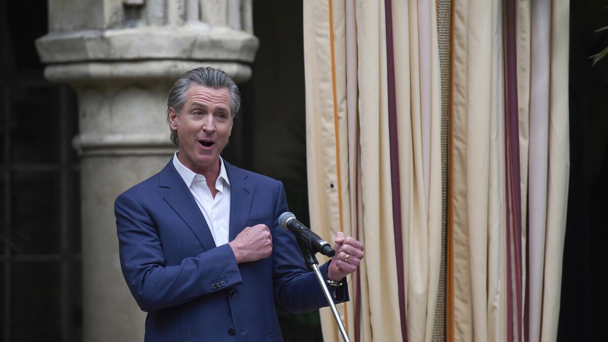 Gavin Newsom delivering a speech at Vogue World 2025 event in Hollywood.