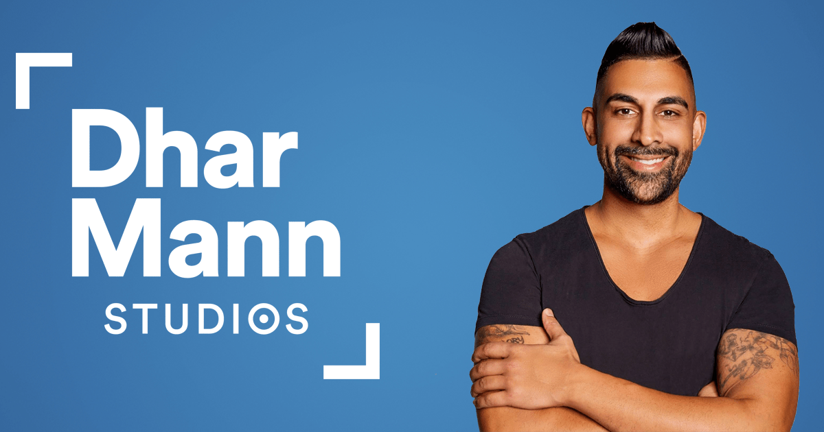 Dhar Mann smiling next to the Dhar Mann Studios logo, representing his role as founder and the brand’s identity in digital media.