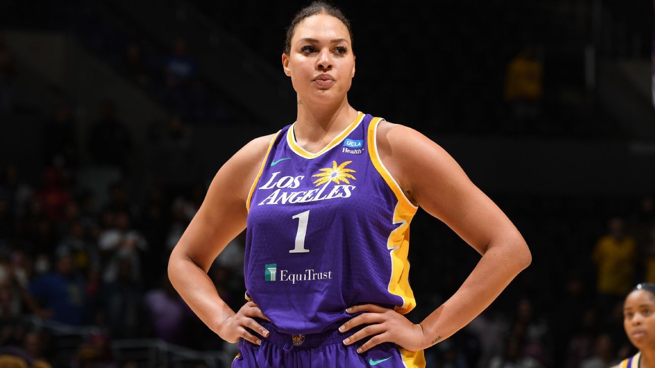 Liz Cambage standing on a basketball court, hands on hips, in her WNBA uniform during a game.
