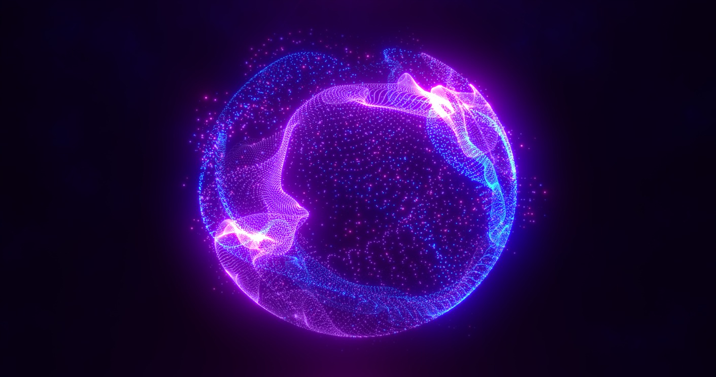 abstract purple energy sphere of particles and waves of magical glowing on a dark background