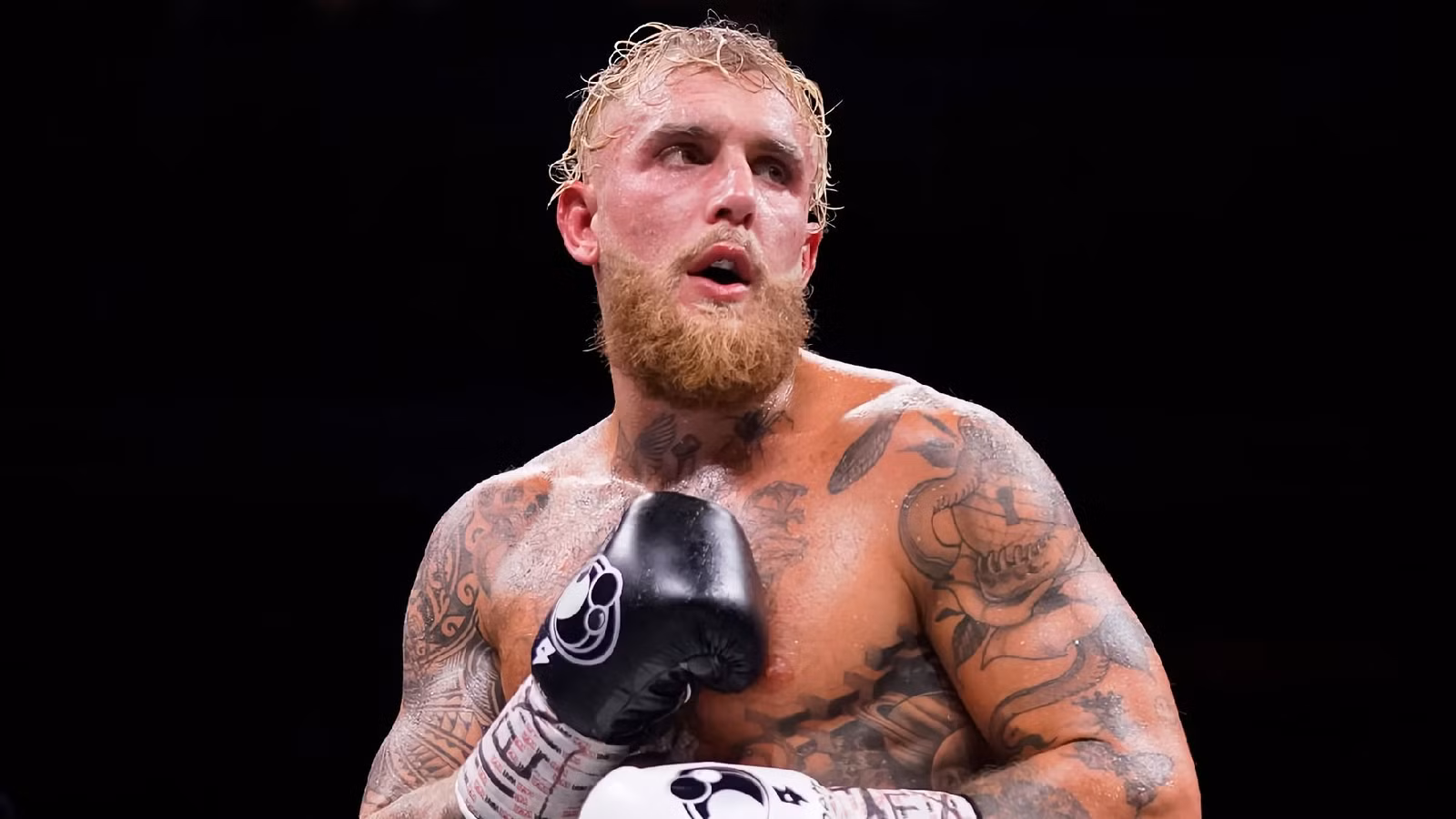 Jake Paul wearing black boxing gloves, throwing a punch during a professional boxing match in the ring.