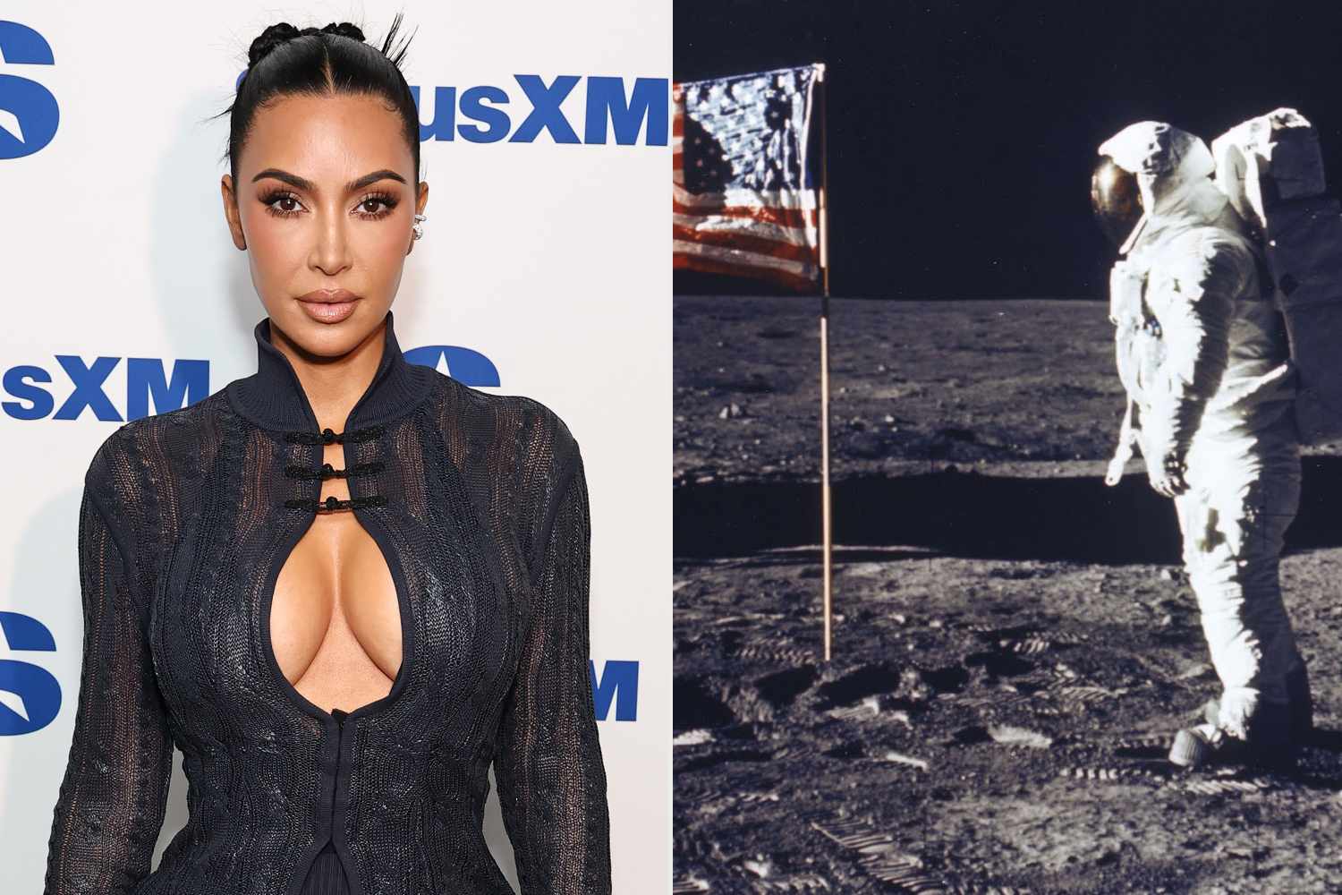Split-screen image showing Kim Kardashian alongside a historic photo of the 1969 Apollo 11 moon landing.