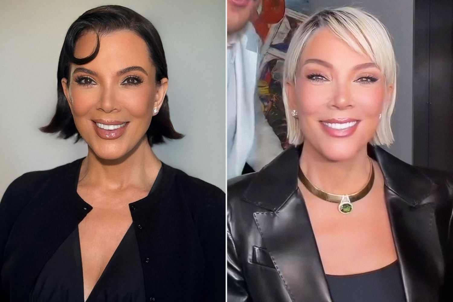 Side-by-side images of Kris Jenner showing her transformation from dark brunette hair to a new platinum blonde look in 2025.