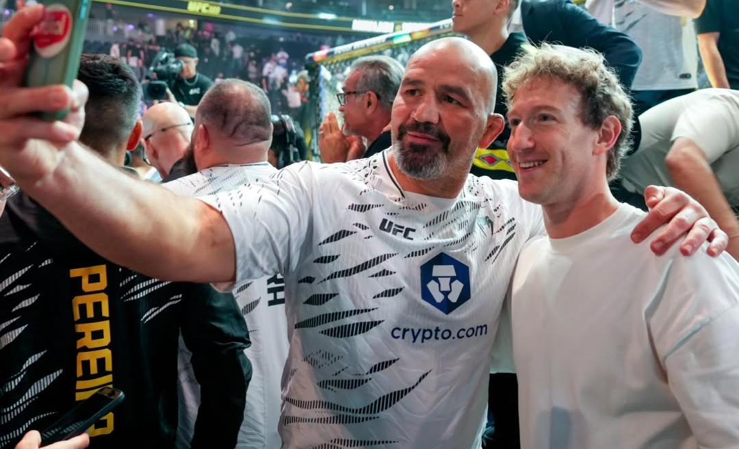 Mark Zuckerberg seen greeting fighters at a UFC event while wearing an ultra-rare F.P. Journe Astronomic Souveraine watch, shown alongside a close-up of the luxury timepiece.