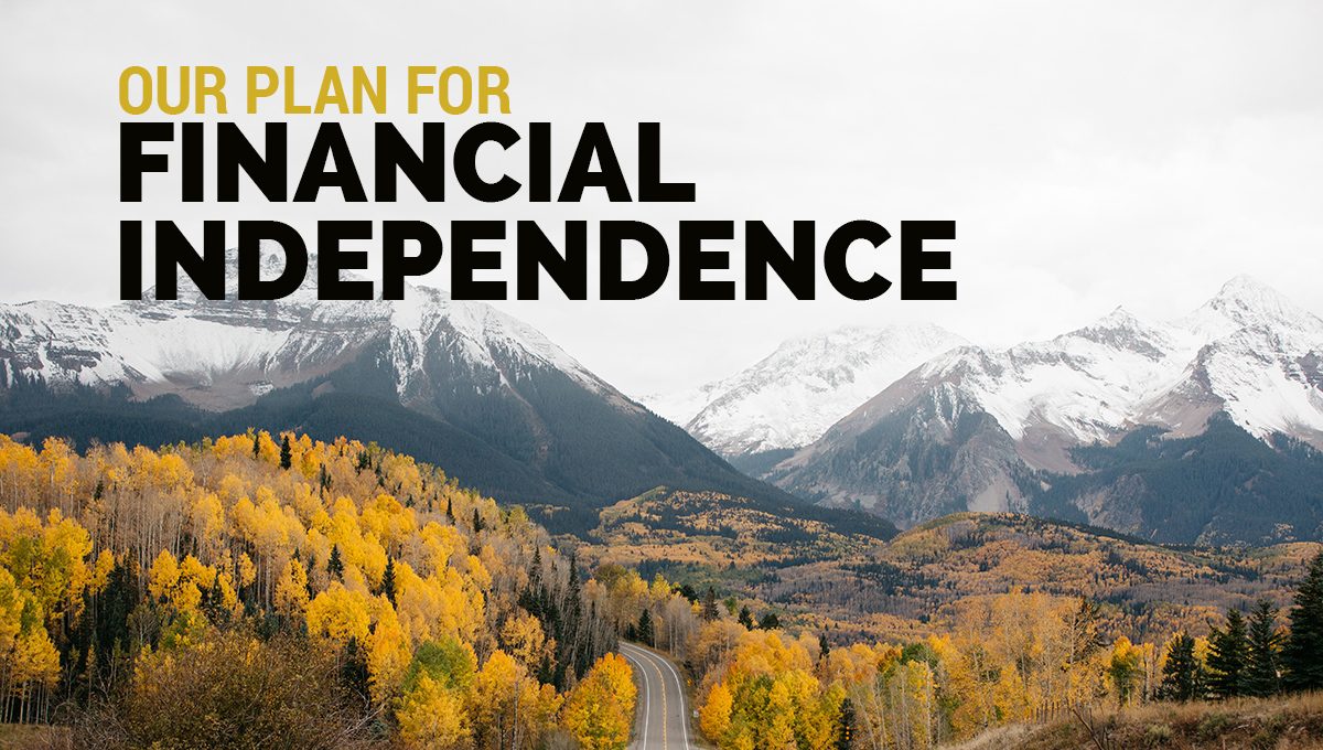 Open countryside road with the words ‘Our plan for financial independence’ written across the horizon.