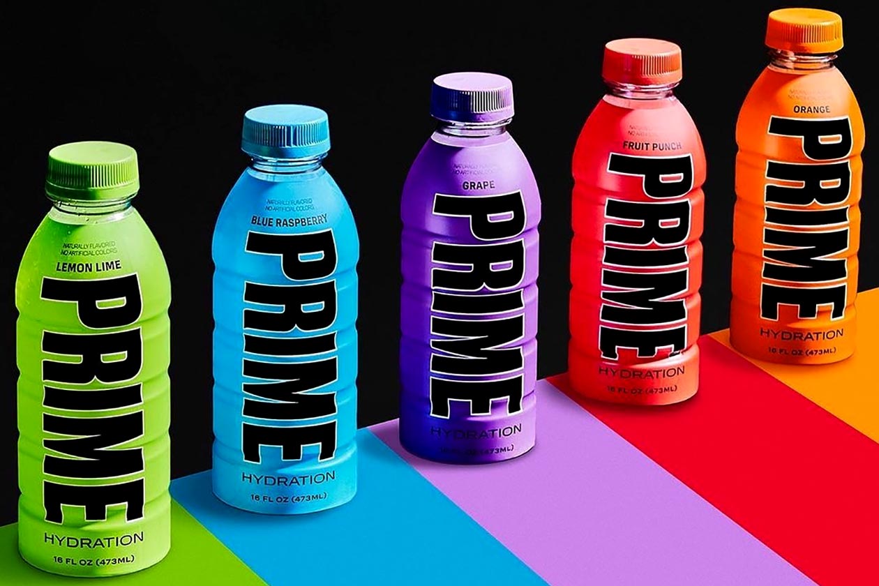 Five colorful bottles of Prime Hydration lined up in a row, each showcasing a different flavor and vibrant packaging.