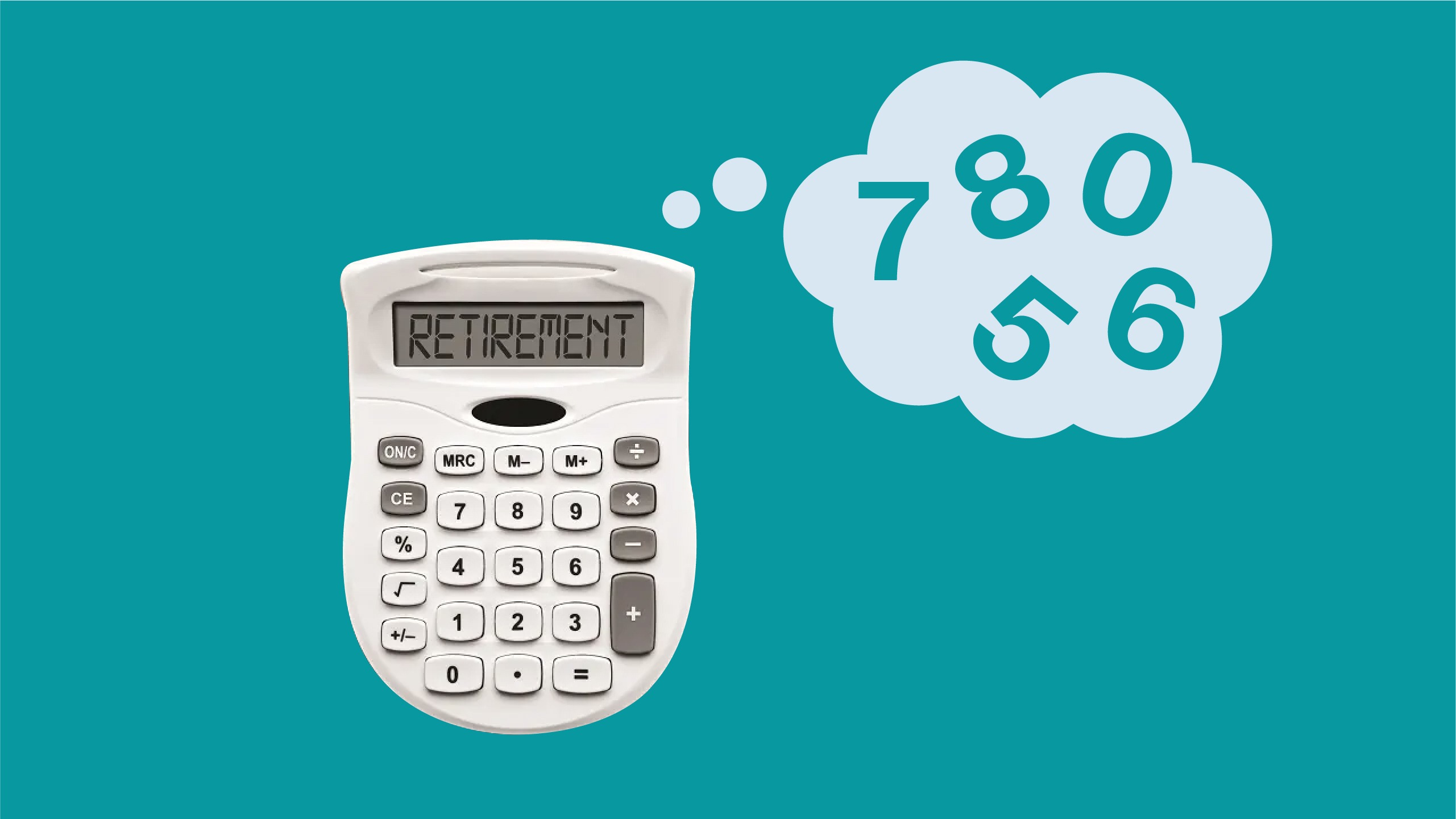 A calculator displaying the word “Retirement” with a speech bubble showing random numbers, symbolizing retirement planning calculations.