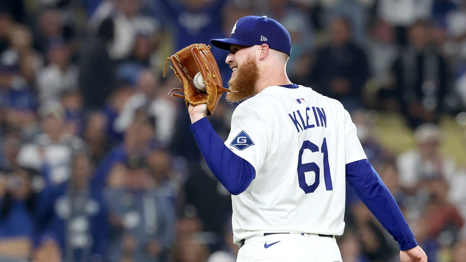 Will Klein holding the baseball in his glove during a relief appearance for the Dodgers in Game 3 of the 2025 World Series.