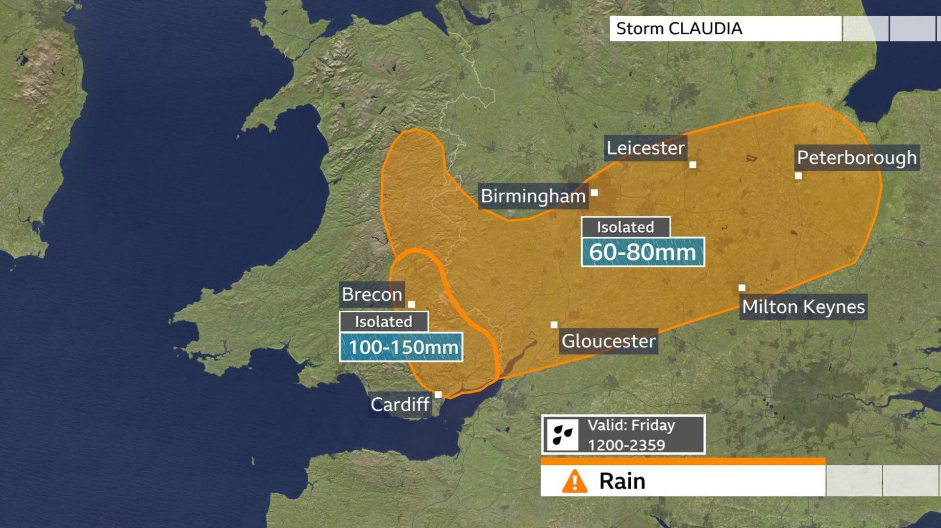 Weather map highlighting UK regions expected to be worst hit by Storm Claudia’s heavy rain and flooding.