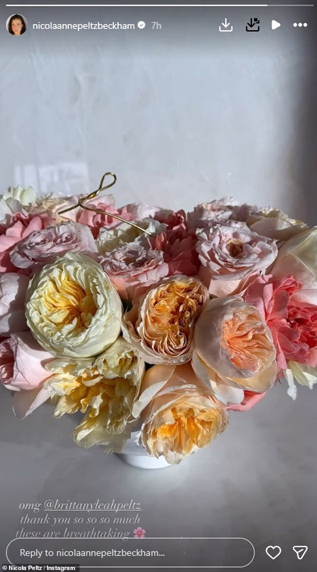 Nicola Peltz Beckham's Instagram post featuring a lush bouquet of blush peonies and eucalyptus in a clear vase, gifted by her sister Brittany, symbolizing a moment of sisterly warmth amid Beckham family buzz.