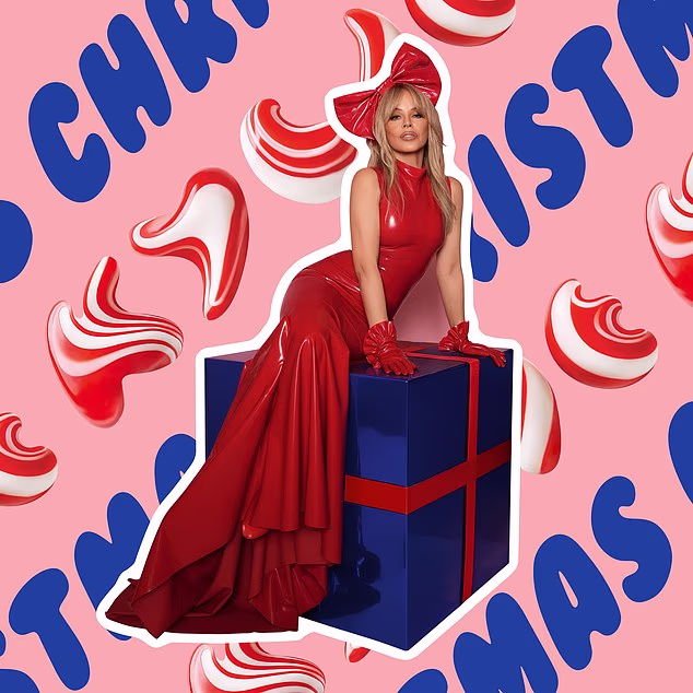 Kylie Minogue, 57, perches playfully atop a massive red-wrapped gift box, her red latex fishtail gown shimmering under soft lights, exuding confident holiday allure with a mischievous smile and windswept hair.