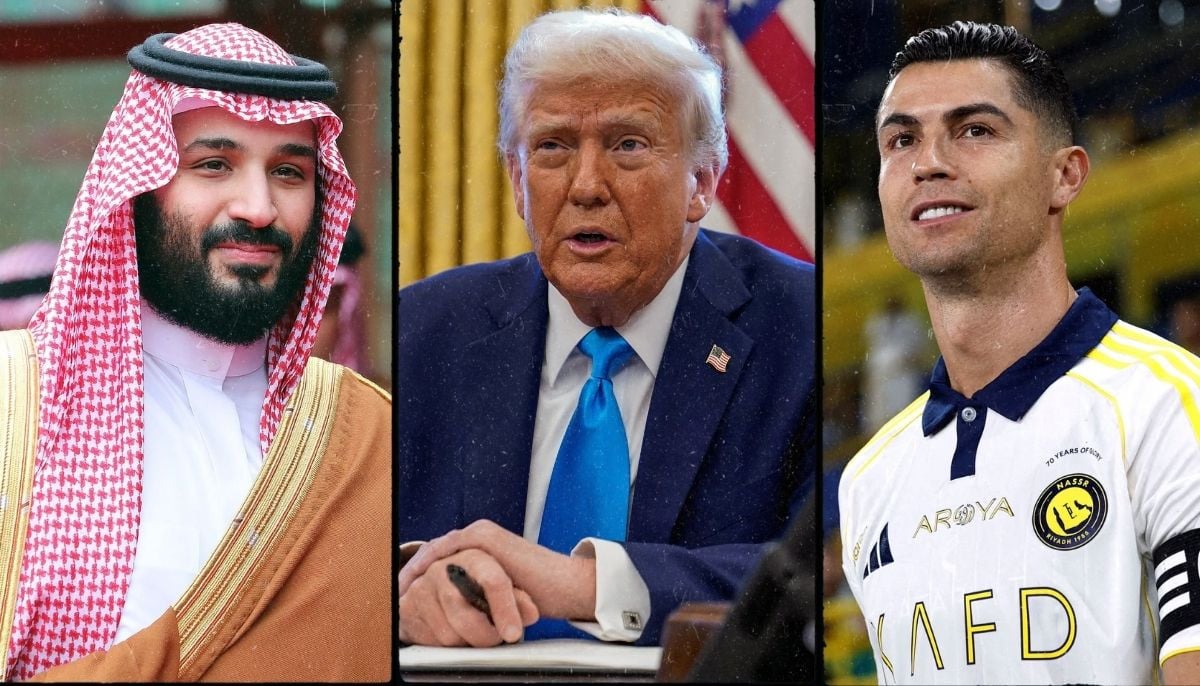 Collage of MBS, Trump, and Ronaldo preparing for White House summit on soccer and investments.