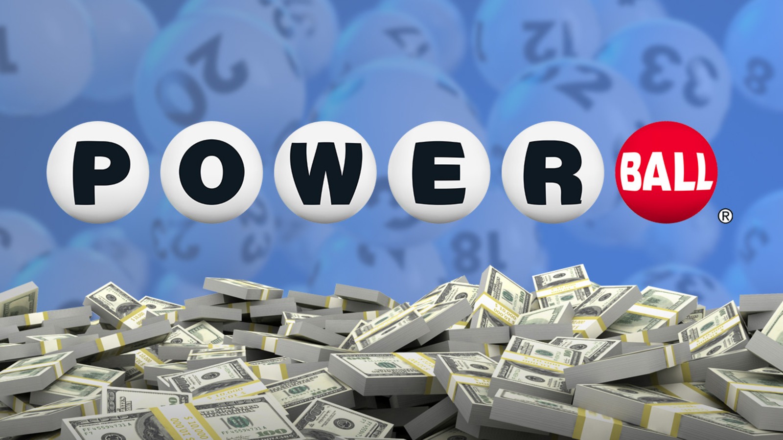 Powerball logo displayed above a large stack of cash.