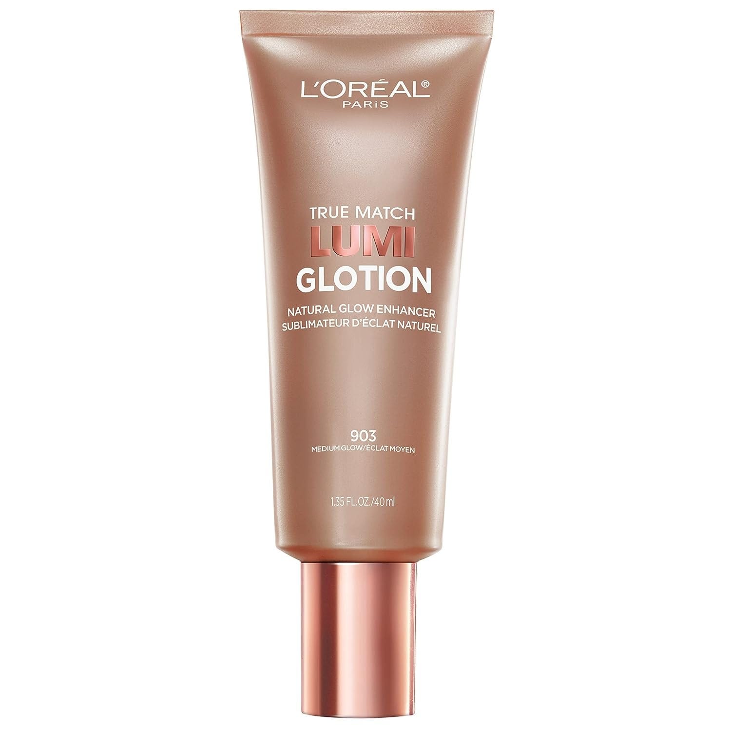 A bottle of L’Oréal True Match Lumi Glotion bronzing drops on a clean surface.
