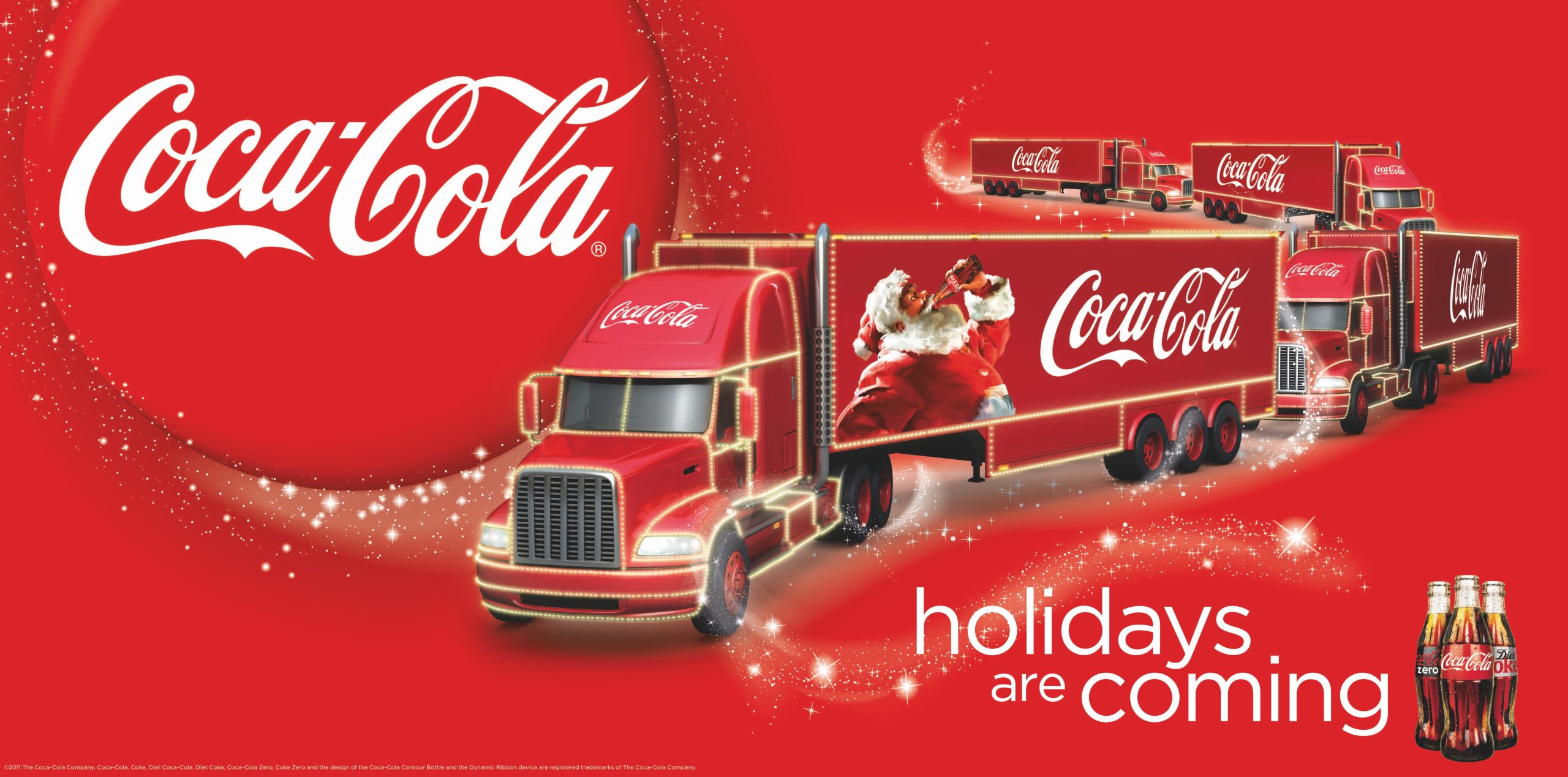 Coca-Cola Christmas poster featuring classic glass Coke bottles in the foreground and the iconic red holiday truck in the background, surrounded by festive decorations.
