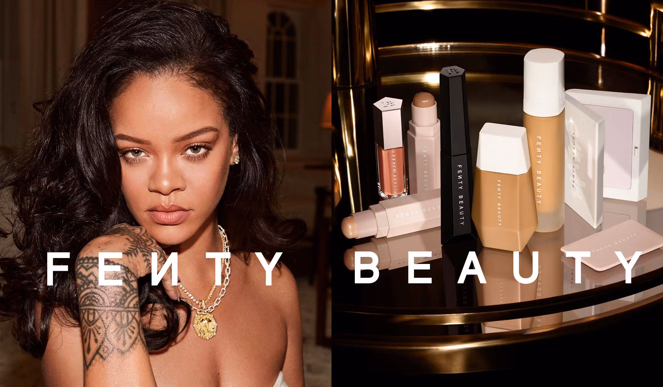 Rihanna featured on a Fenty Beauty poster, posed alongside a display of the brand’s cosmetics products.