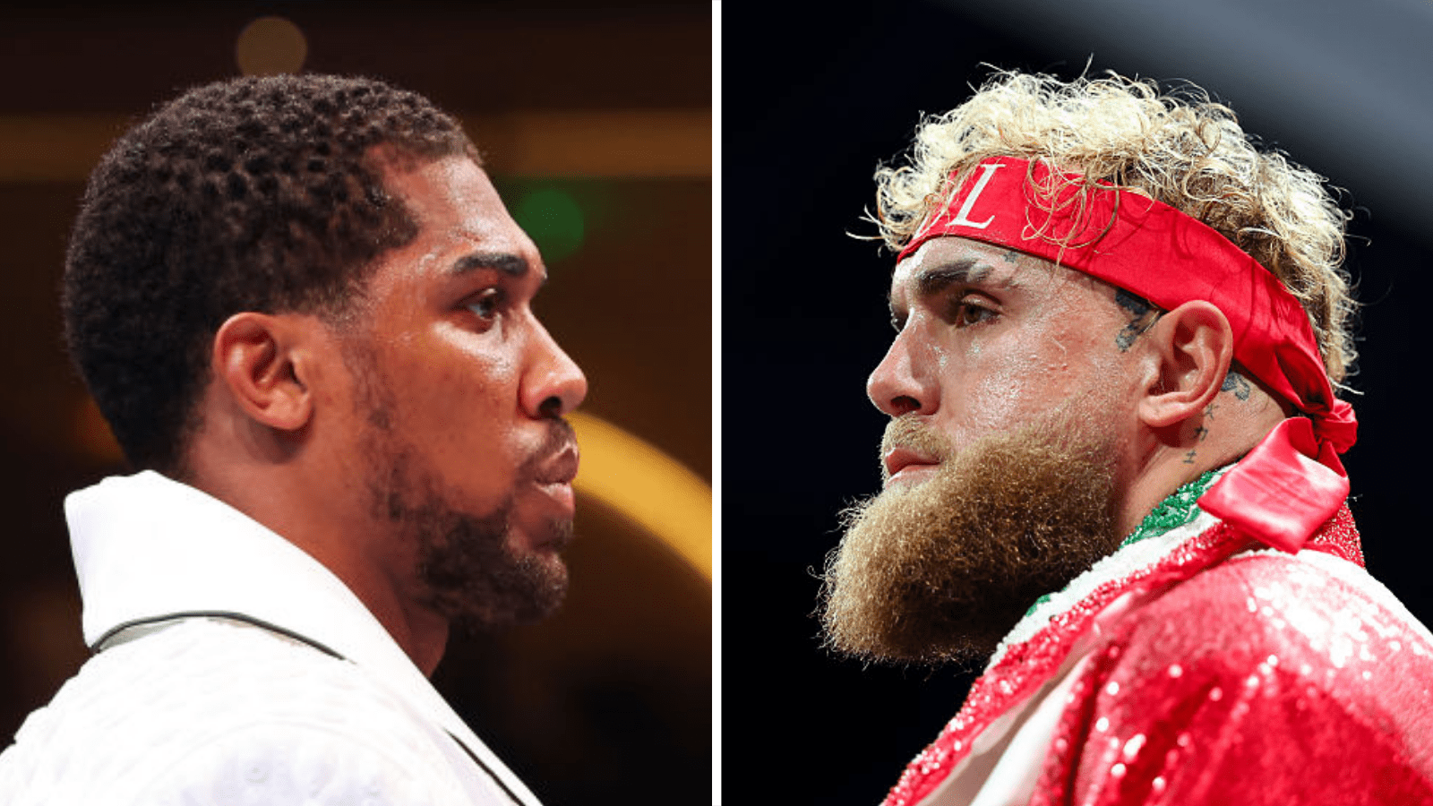 Split-screen image of Anthony Joshua and Jake Paul, side by side, highlighting the British heavyweight champion and the YouTuber-turned-boxer in boxing stances.
