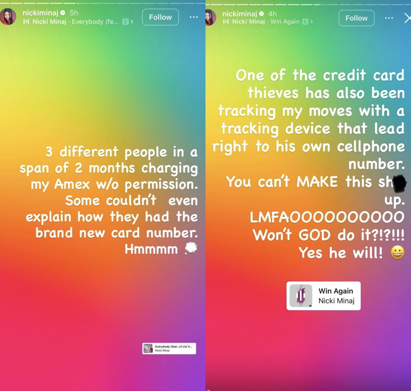Split-screen image showing Nicki Minaj’s Instagram Stories detailing her claims about unauthorized American Express charges and alleged credit card fraud.