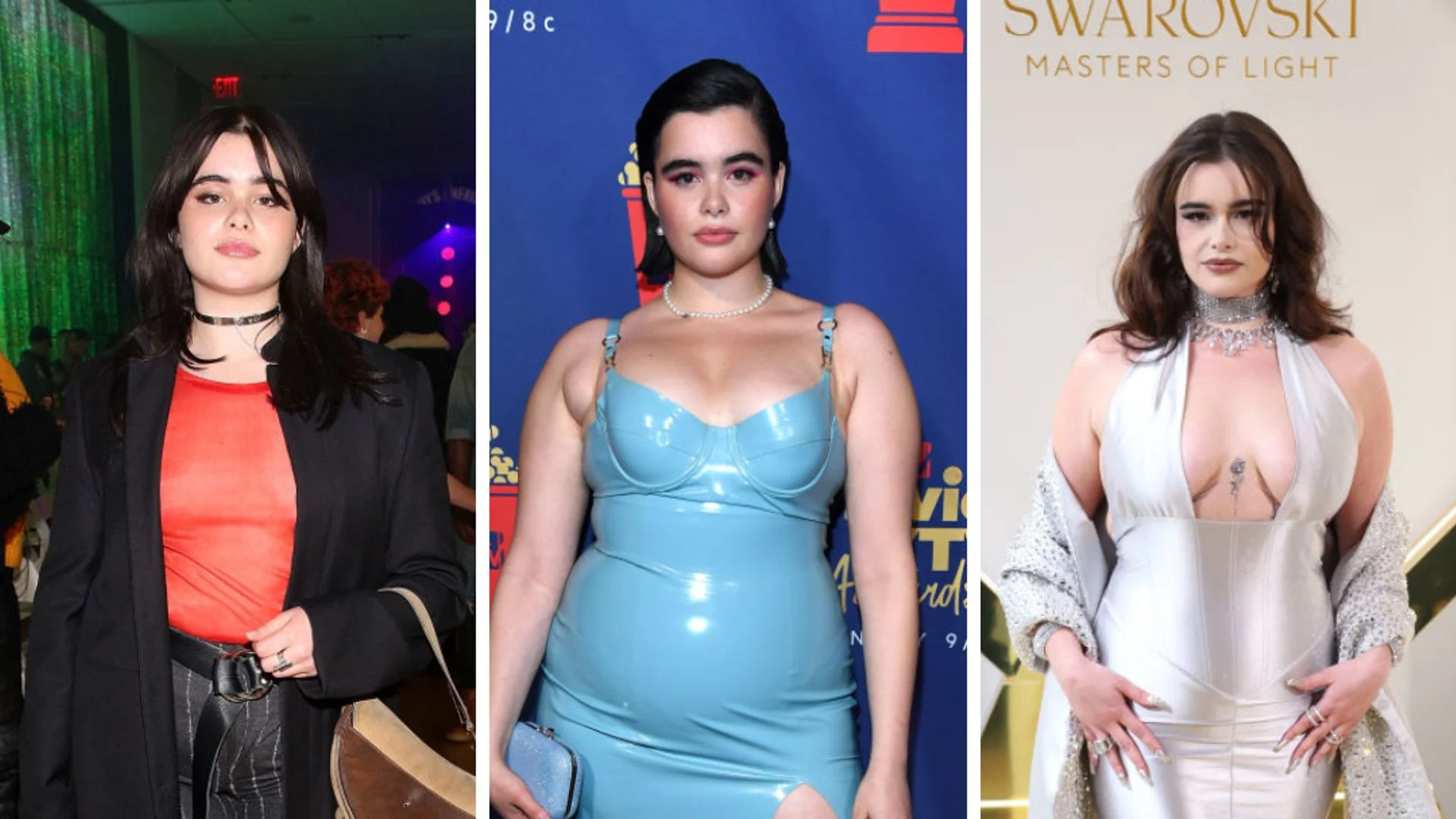 Triple image of Barbie Ferreira showcasing three distinct looks and styles from recent years, highlighting her evolving fashion and public appearances.
