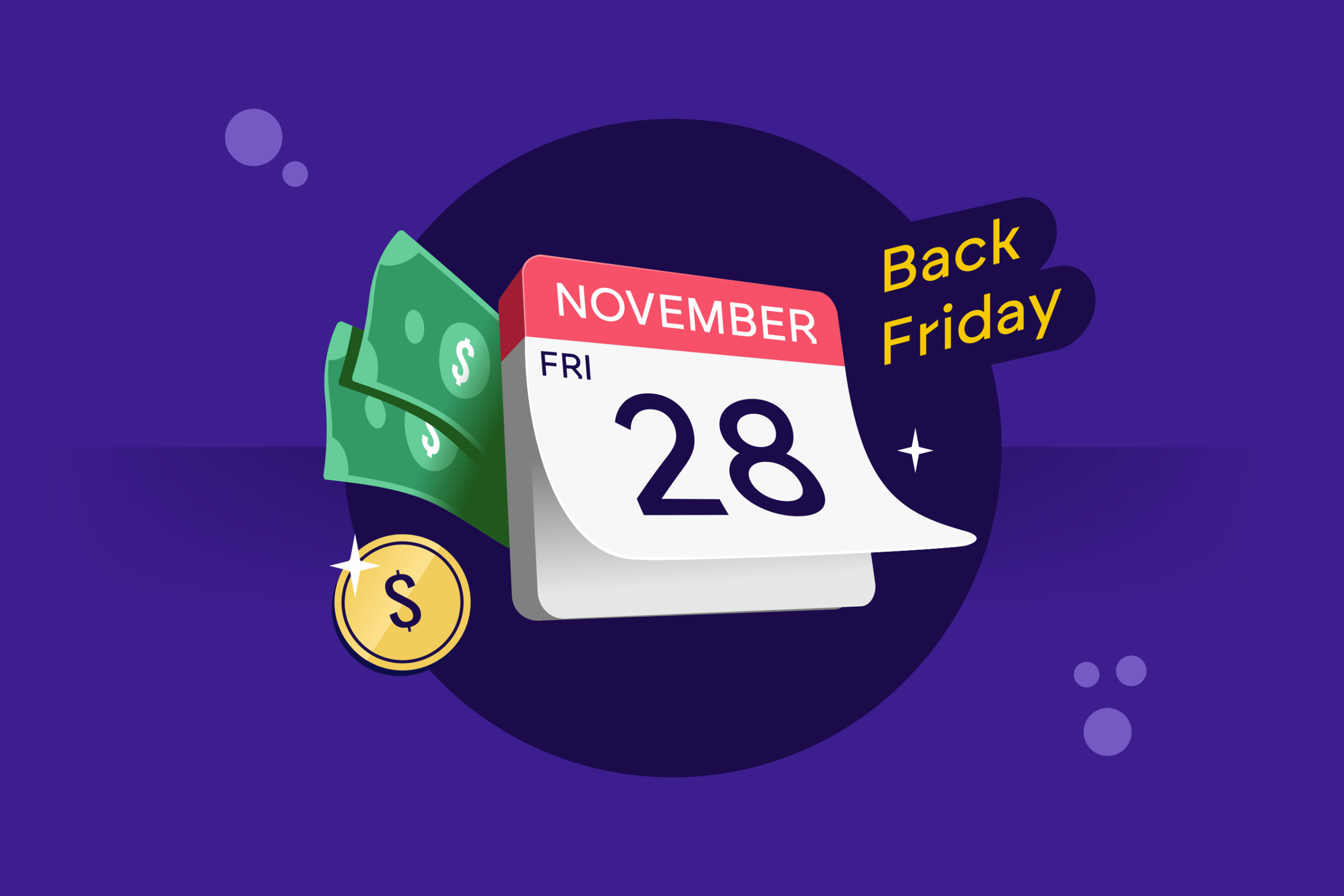 Stacks of money placed next to a calendar highlighting the 28th, with the words “Black Friday,” symbolizing the financial impact and shopping frenzy of the 2025 event.