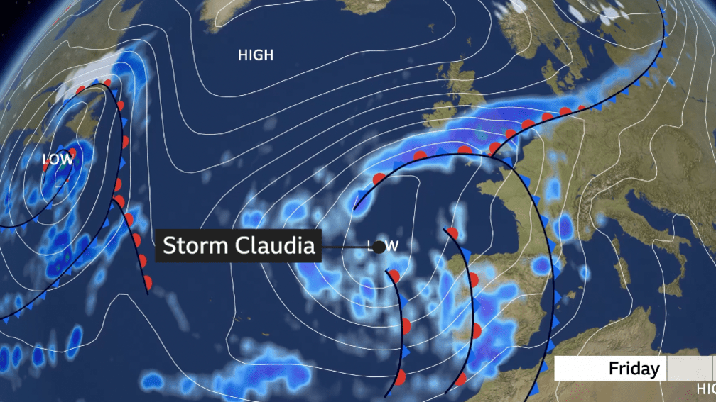 Weather map showing Storm Claudia’s path and rainfall moving across the UK.
