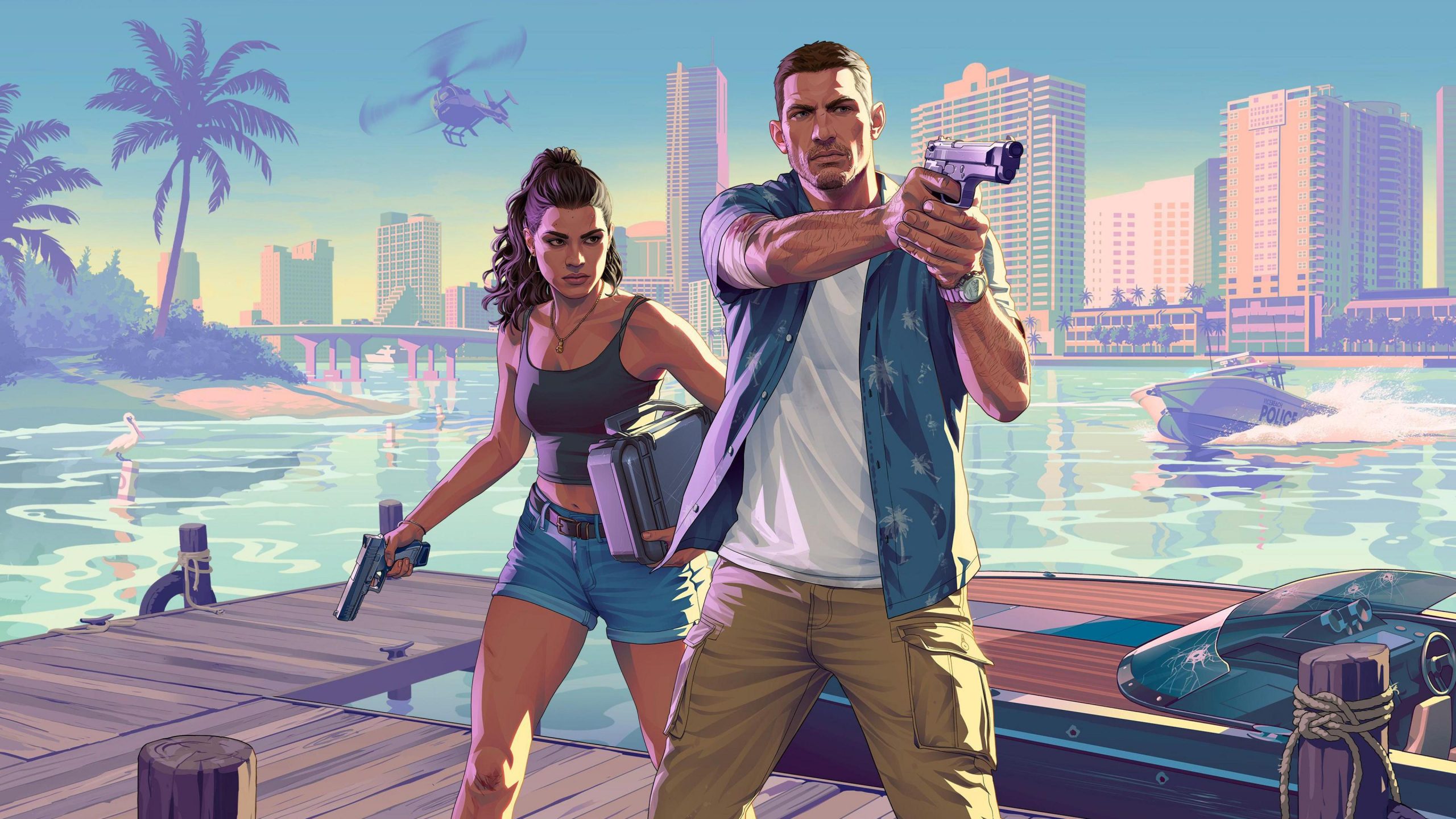 Official GTA 6 poster showing protagonists Jason and Lucia in a crime-filled, neon-lit cityscape, teasing the game’s open-world setting.