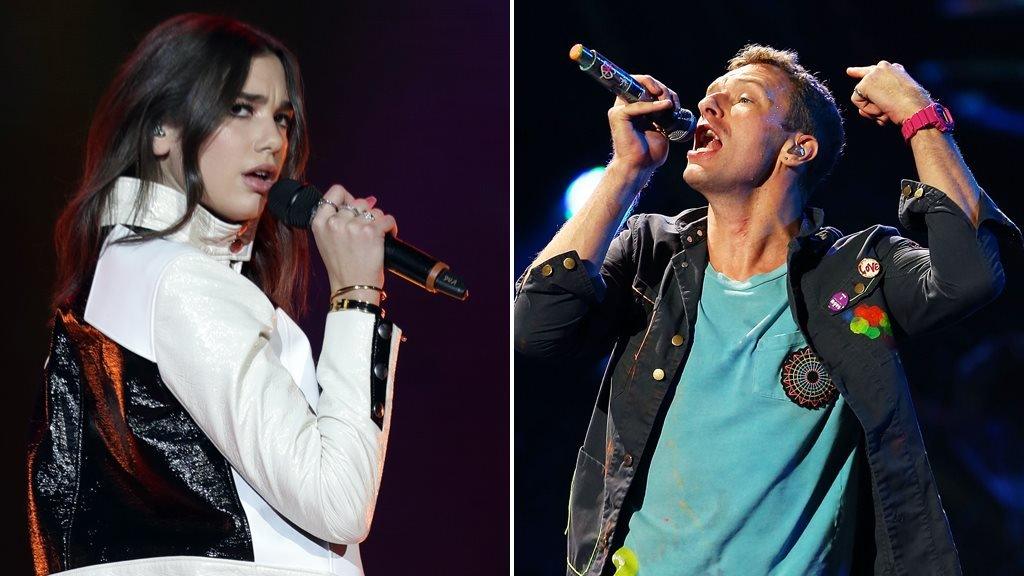 Side-by-side image of Dua Lipa and Coldplay’s Chris Martin smiling at separate events.