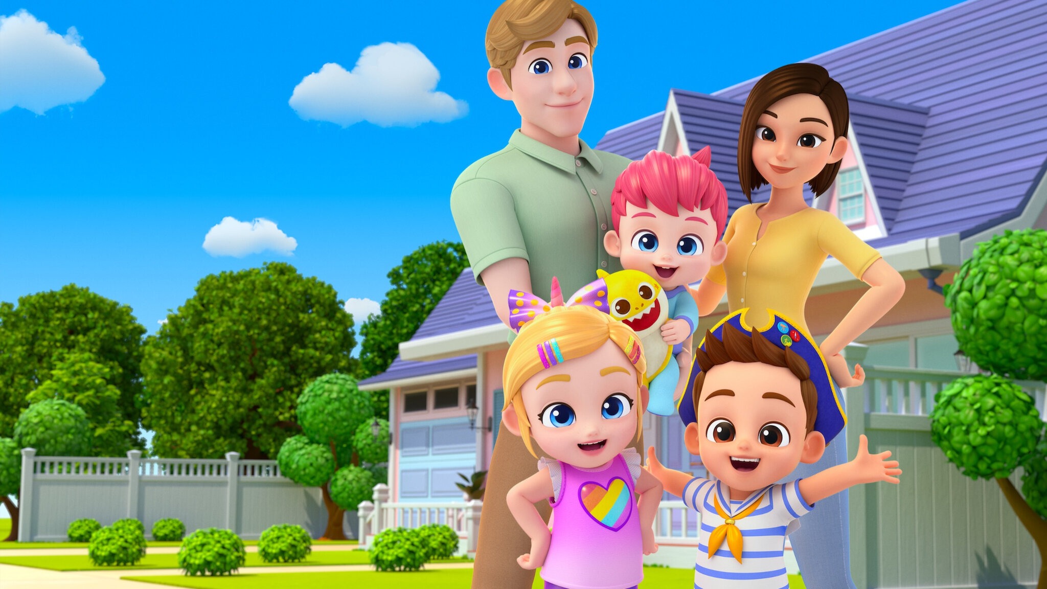 The Bebefinn characters — Finn, Bora, Brody, and their playful family — standing together in their signature bright, colorful animated style.