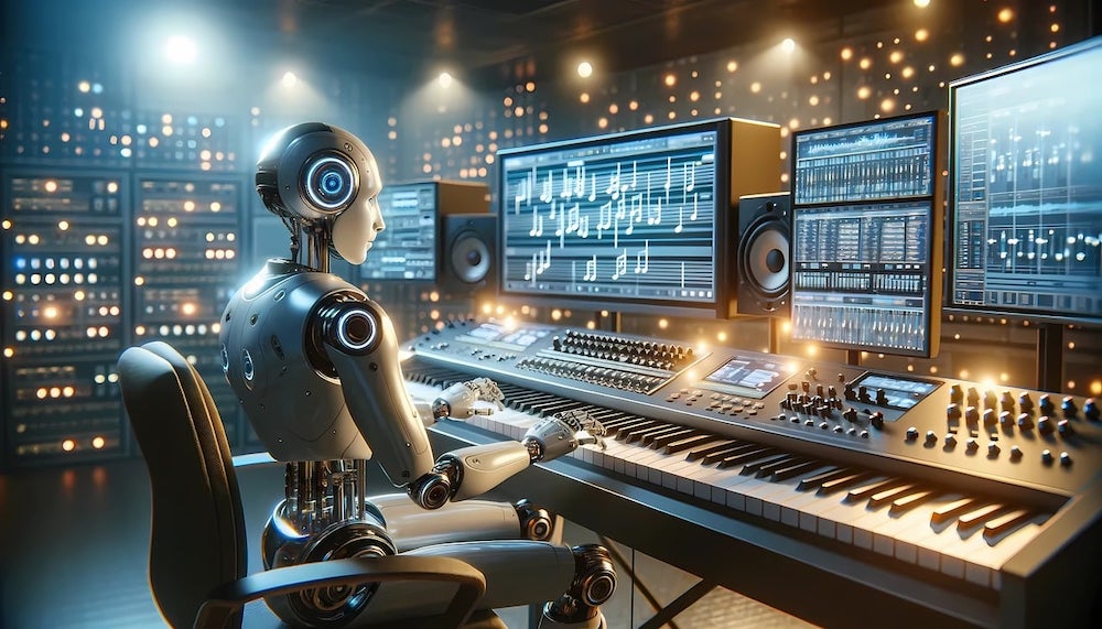 AI robot seated at a music workstation, generating digital audio on a screen as it creates music using artificial intelligence.