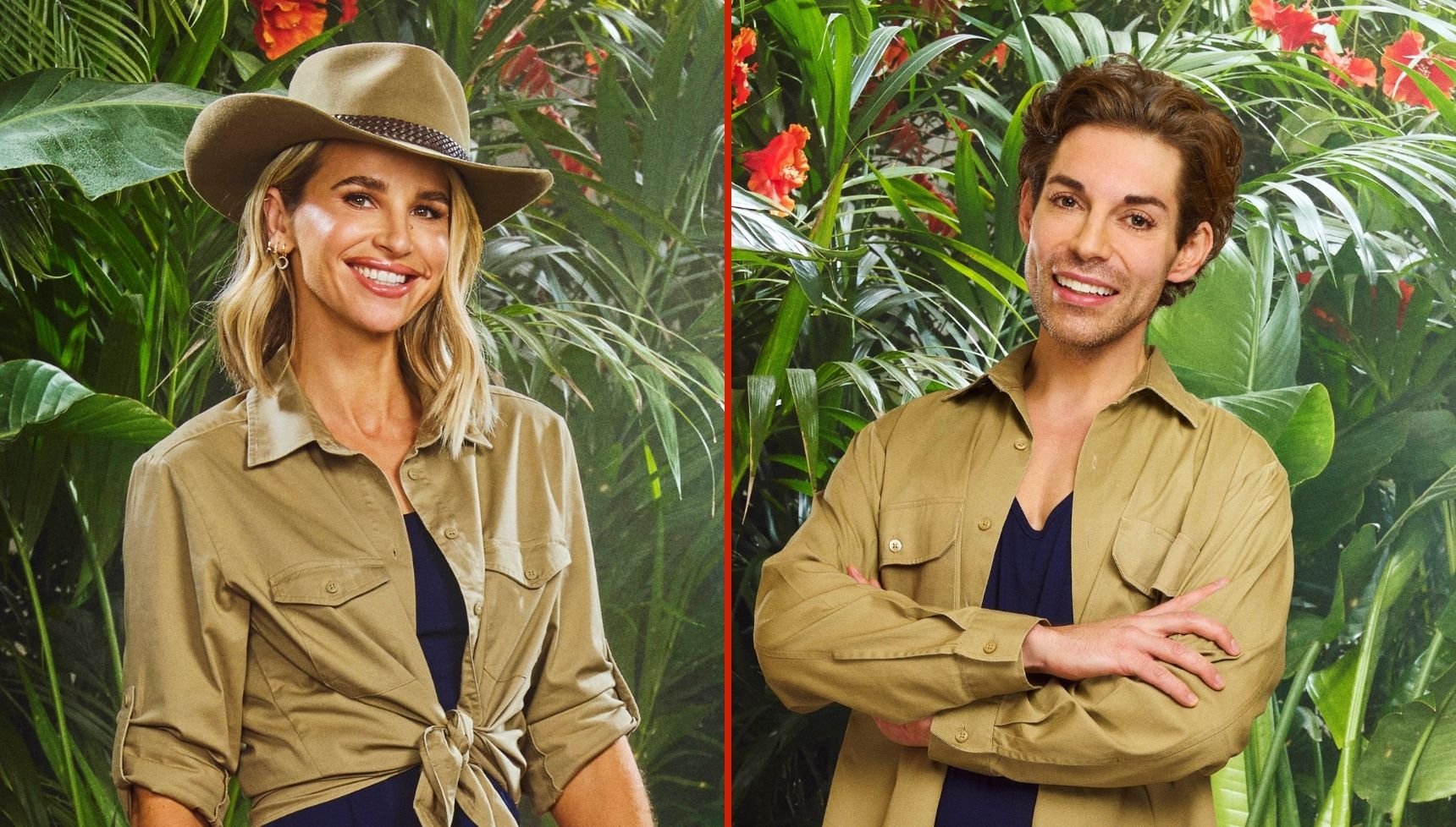 Split image of Vogue Williams and Tom Read Wilson in their jungle gear, ready to enter the I’m A Celebrity camp as late entrants.