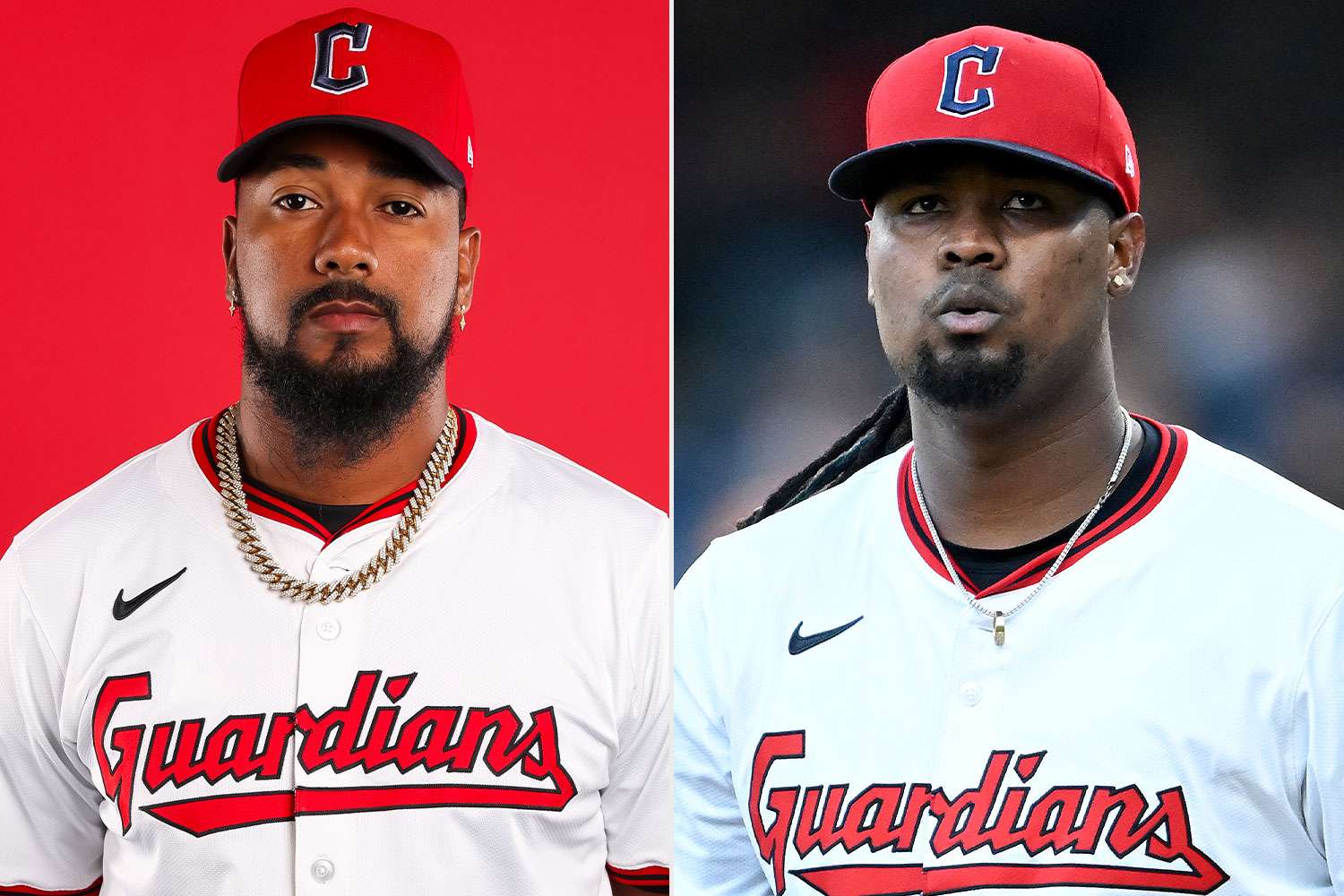 Split-screen image showing Cleveland Guardians pitchers Emmanuel Clase and Luis Ortiz side by side in uniform, both captured mid-game on the mound.