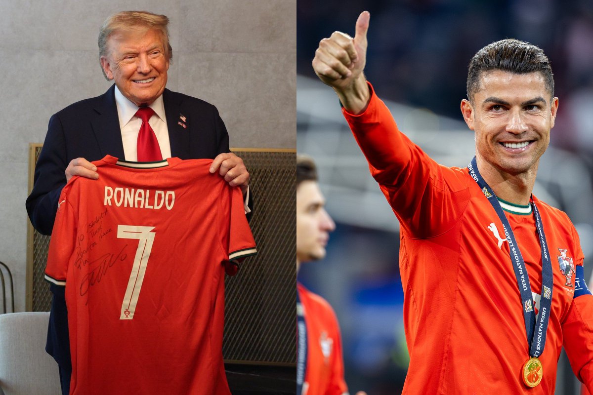 Split image: Trump with signed Ronaldo jersey at G7, Ronaldo thumbs-up on field.