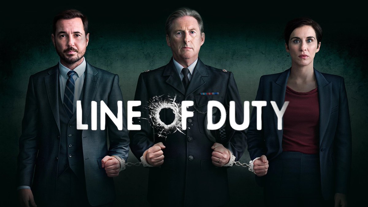 Line of Duty series 7 official poster featuring Ted Hastings, Steve Arnott, and Kate Fleming against a dark, tense city backdrop.
