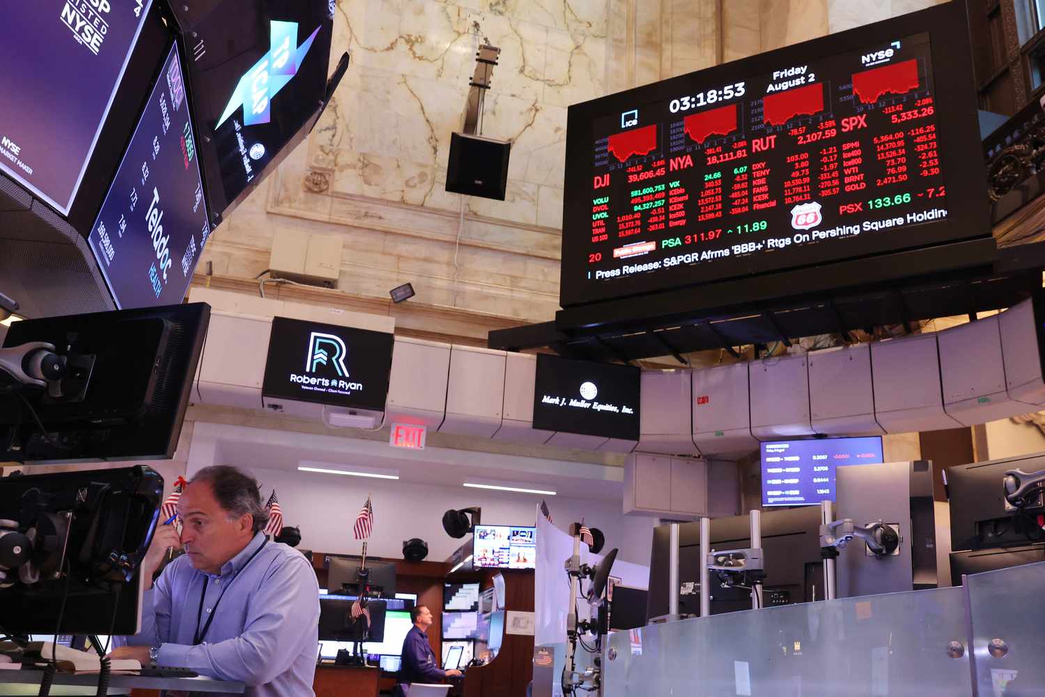 Traders work on the floor of the New York Stock Exchange as red market indicators show sharp declines across major indices.