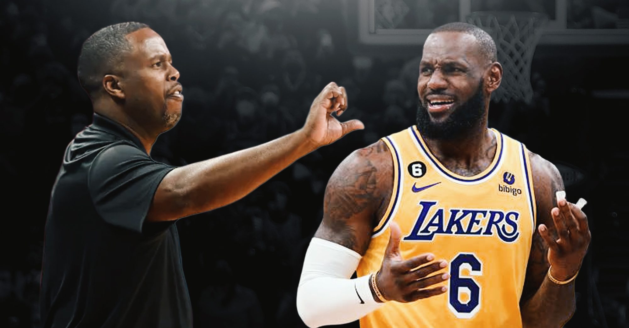 "Damon Jones and LeBron James smiling together on a basketball court, symbolizing their close friendship and camaraderie.