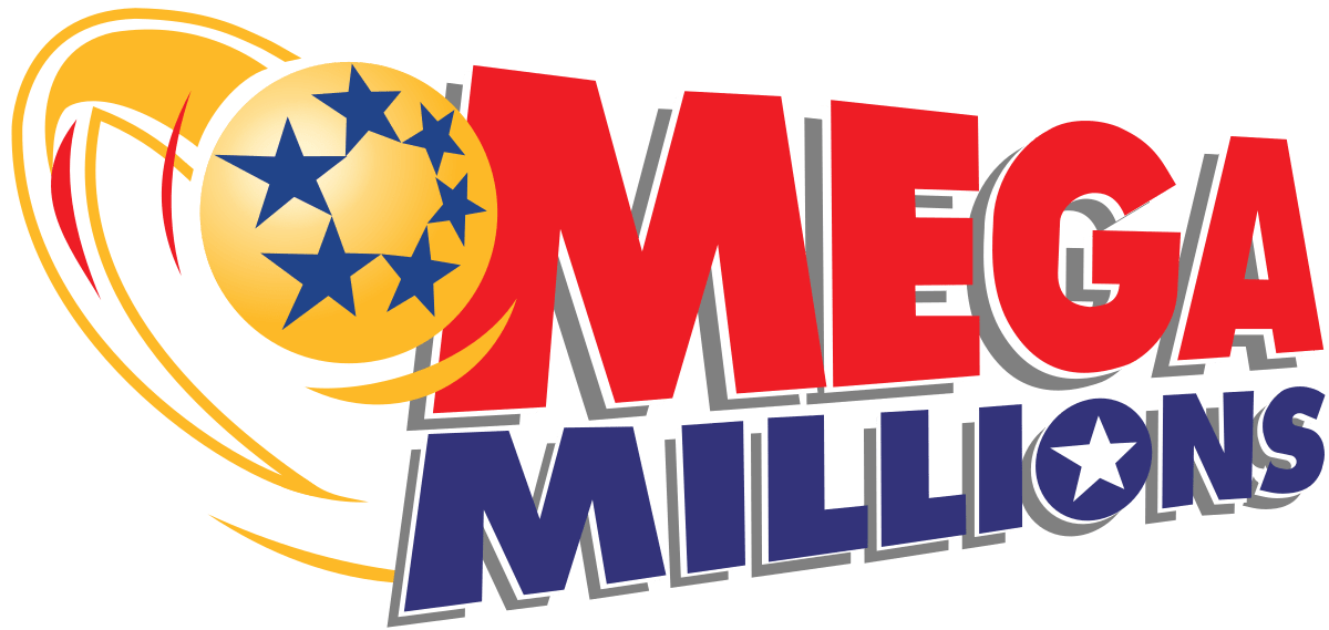 Eye-catching Mega Millions logo with yellow circle emblem featuring six blue stars, paired with bold red "Mega" and blue "Millions" text including a white star in the "O"