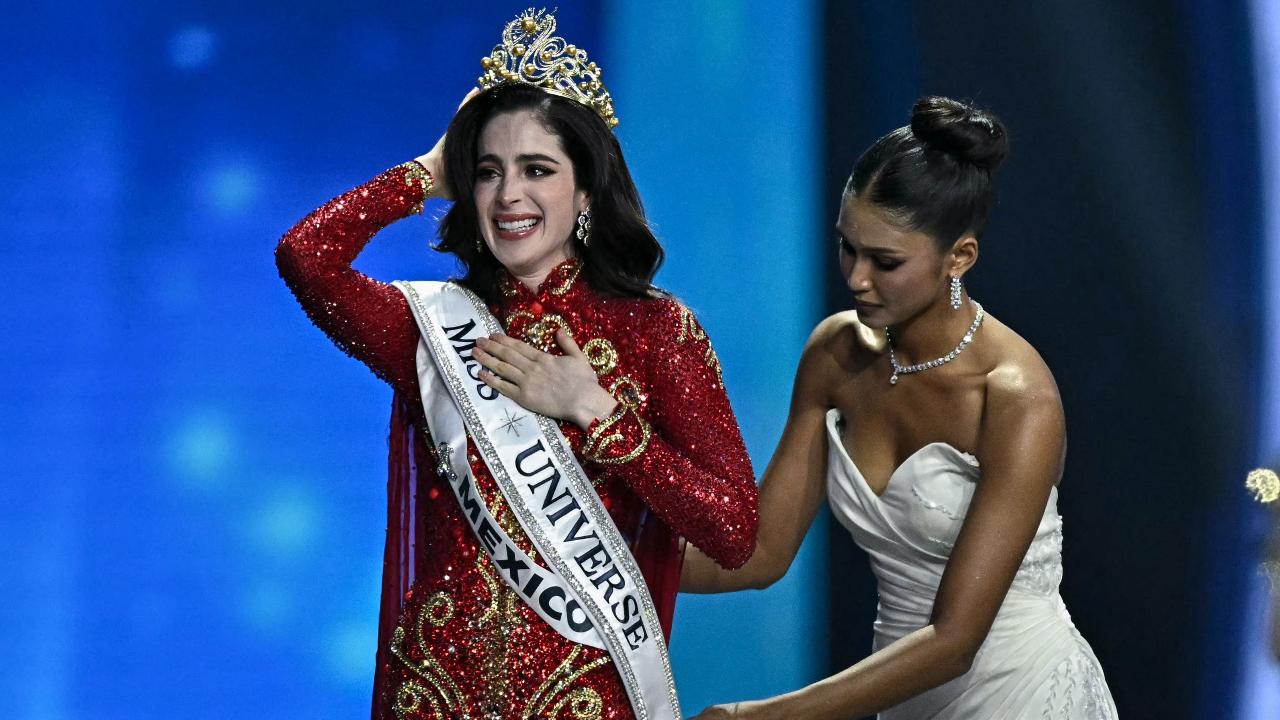 Fatima Bosch Fernández receives the Miss Universe 2025 crown on stage, tears of joy in her eyes.