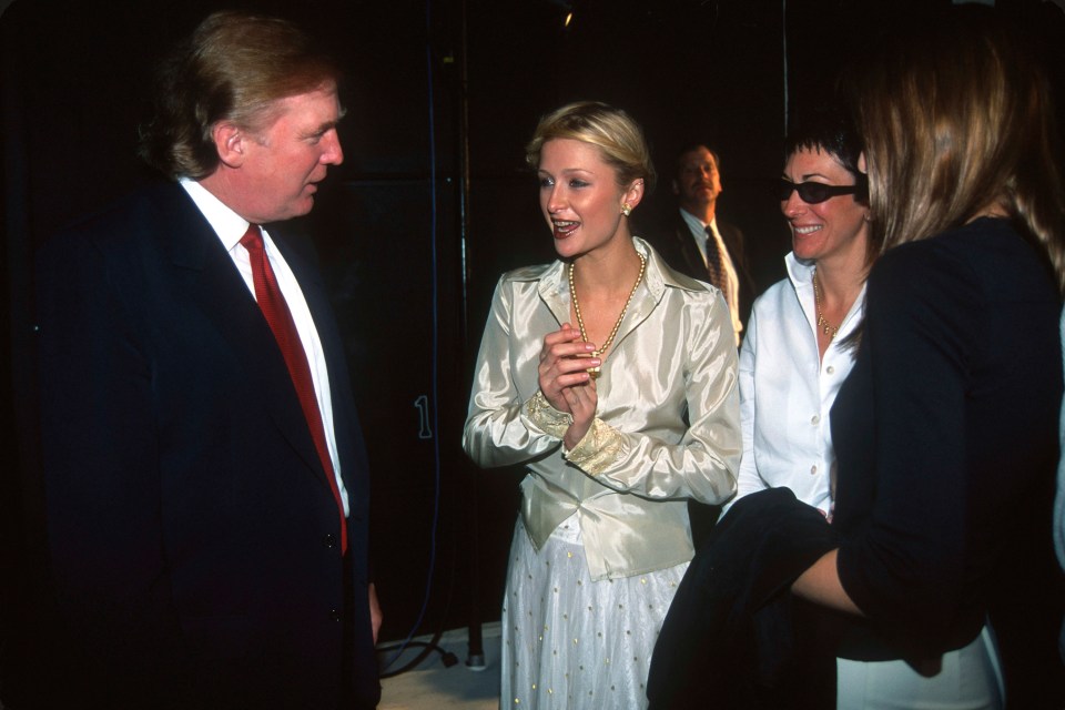Paris Hilton at a social event alongside Donald Trump and Ghislaine Maxwell, photographed in a crowded party setting.
