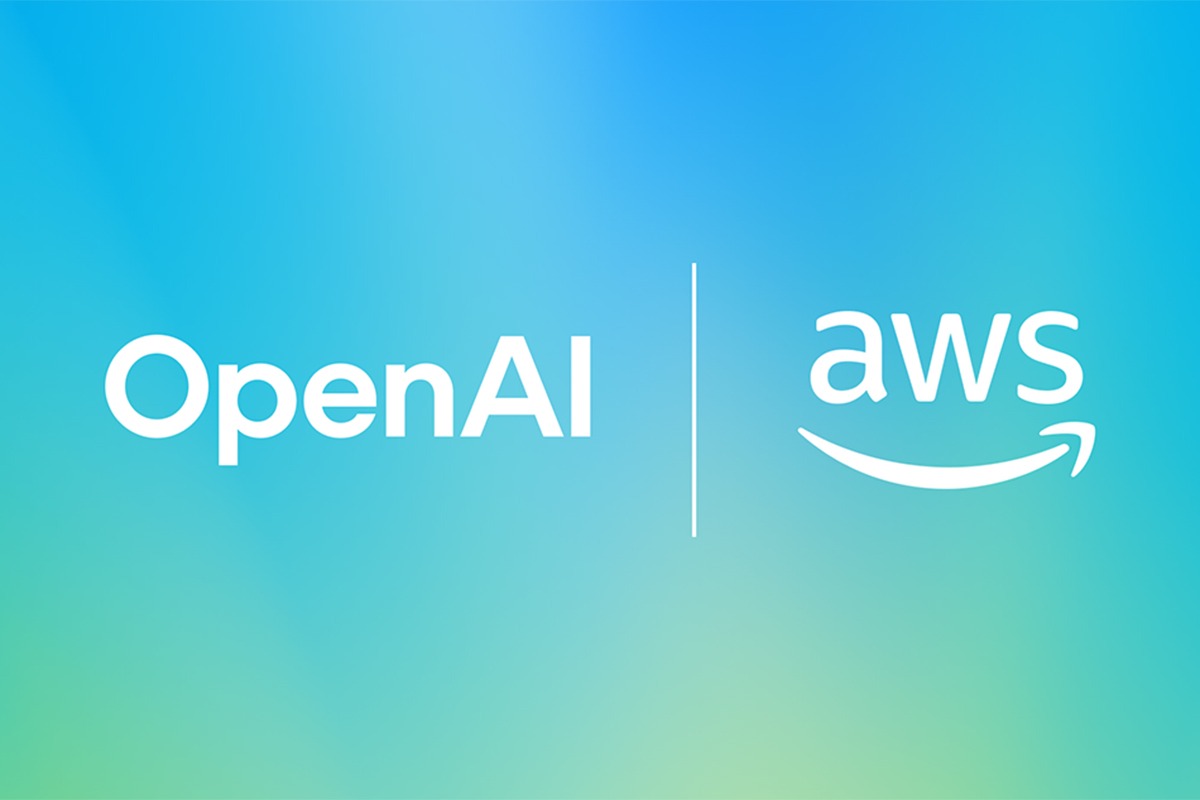 OpenAI and Amazon Web Services (AWS) logos side by side on a light blue background representing their $38B cloud computing partnership.