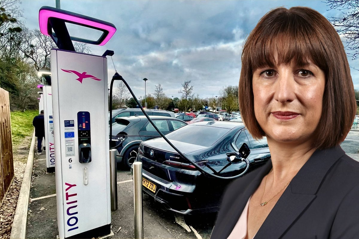 Rachel Reeves near an electric vehicle charging point, highlighting government plans for a potential EV pay-per-mile tax.